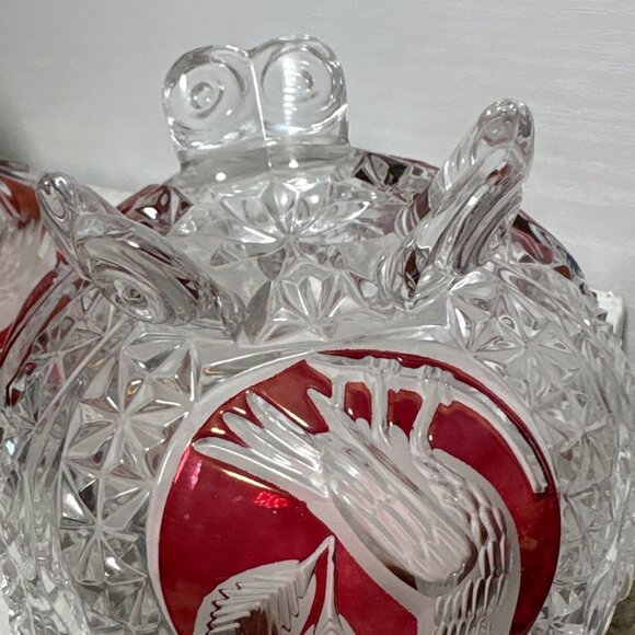 Hofbauer Byrdes Crystal Candy Dish With Lid Red Etched Bird Design 7" Tall - Picture 9 of 13